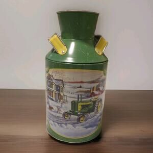 John Deere Milk Jug Collectable Christmas Tin - Farm Winter Scenery